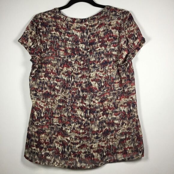 Red blue cream semi sheer short sleeve top with fabric covered buttons sz L - Picture 5 of 8